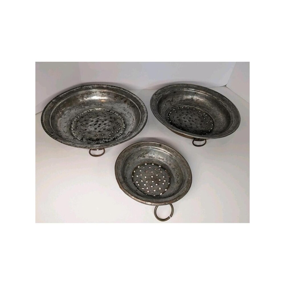 Antique Copper Colander Strainer Lot 3 Hand Punched Iron Ring Handle Tinned